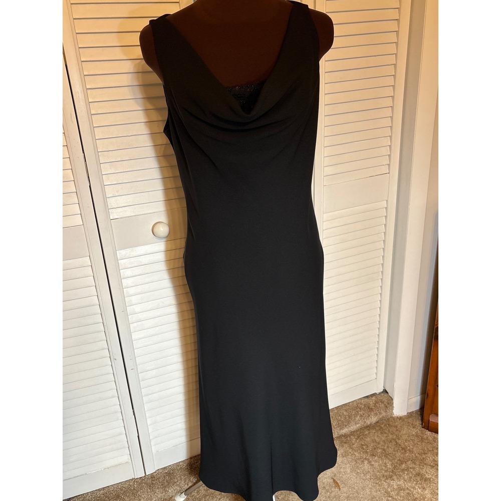 Black Cowl Neck Maxi Dress with Beaded Lace Inset Sleeveless Evening Gown